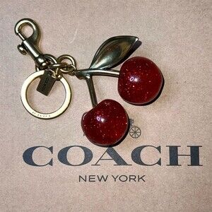 COACH Red Cherry Bag Charm Keychain with Gold Tone Hardware & Clip Ring 77840
